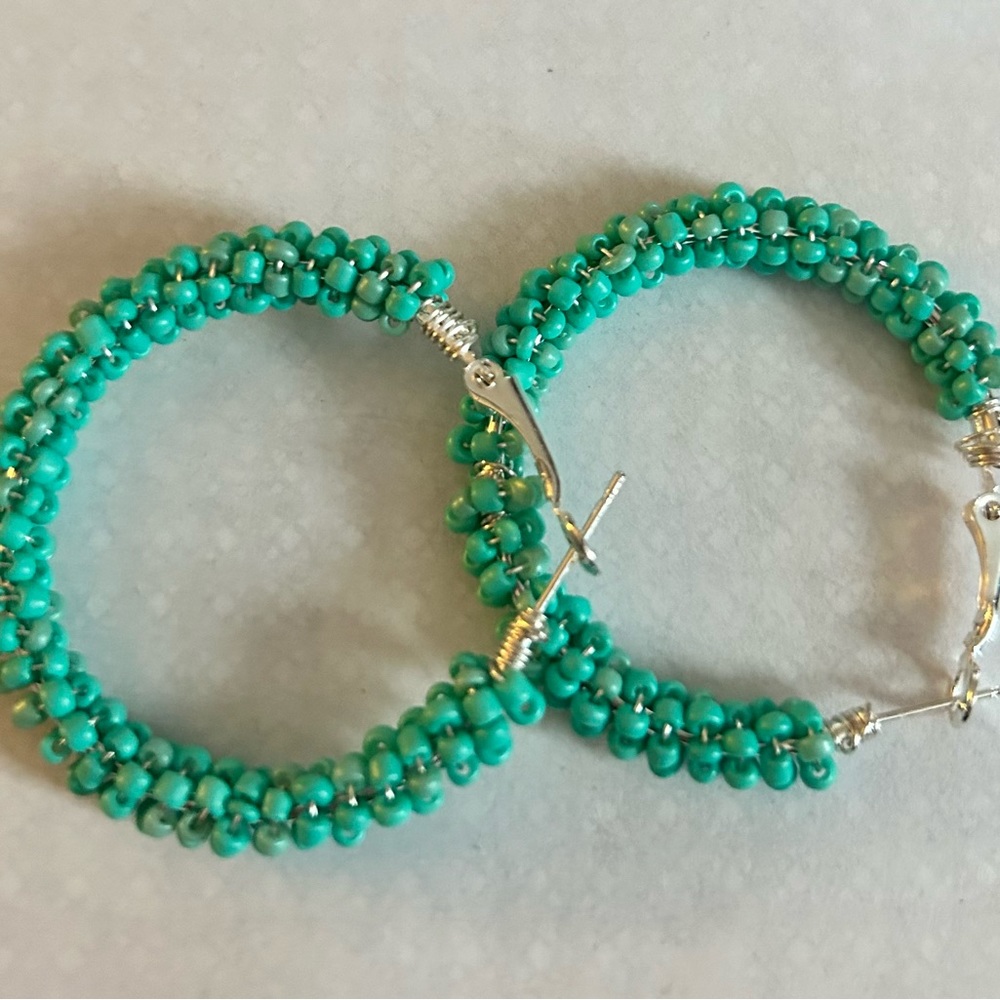 Hand-Beaded Turquoise Hoop Earrings NWOT